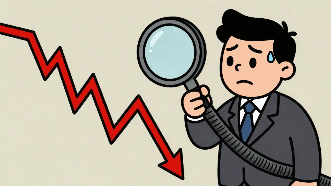 Cartoon analyst examining a rubbery, bouncing price line graph in rubber hose style