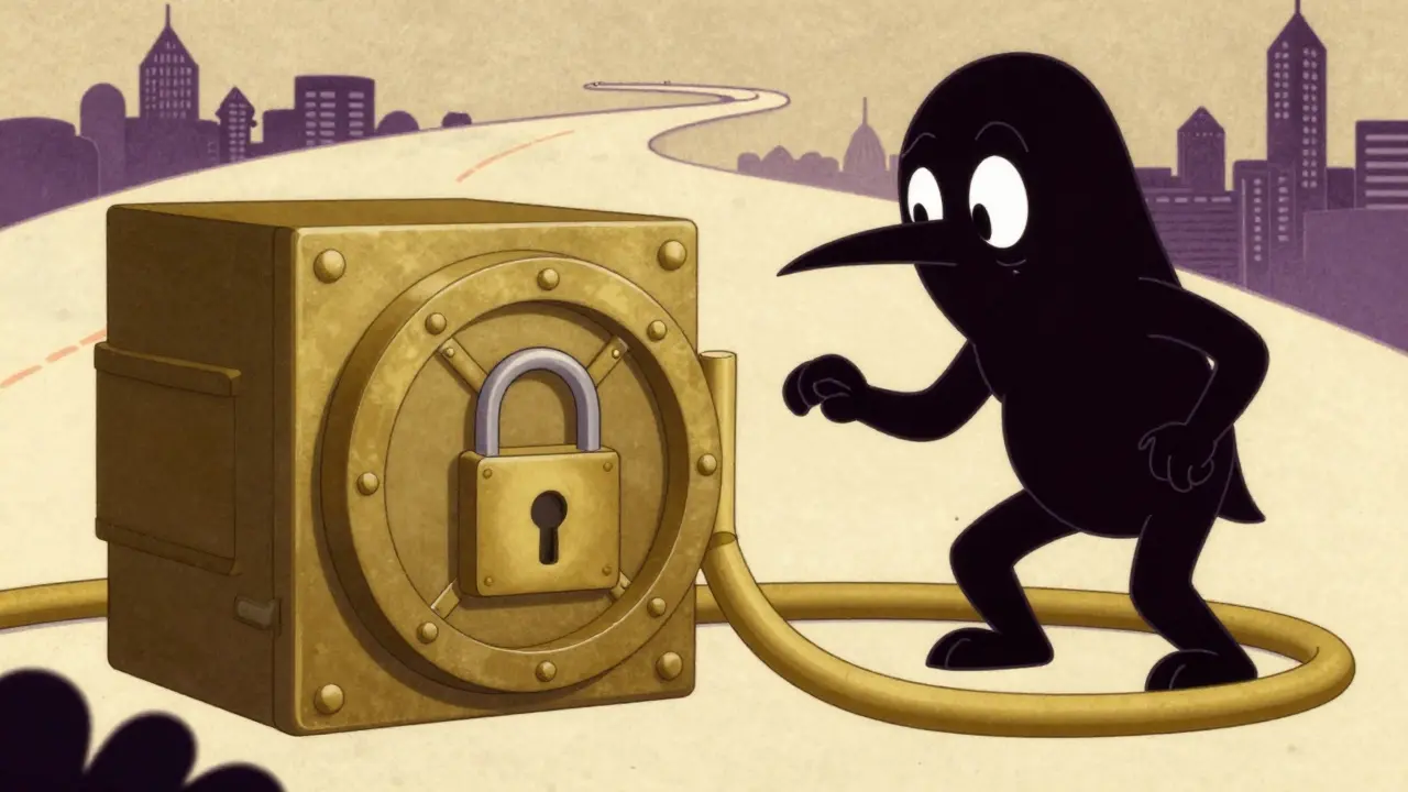 Cartoon animal guarding a digital vault from a shadowy character