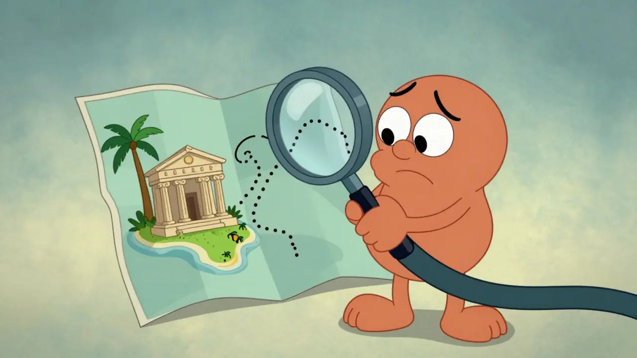 Cartoon character examining a map between Greece and a tropical island