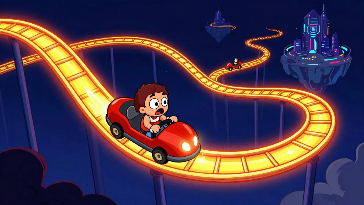 Cartoon character riding a rollercoaster price chart in a vintage animation style