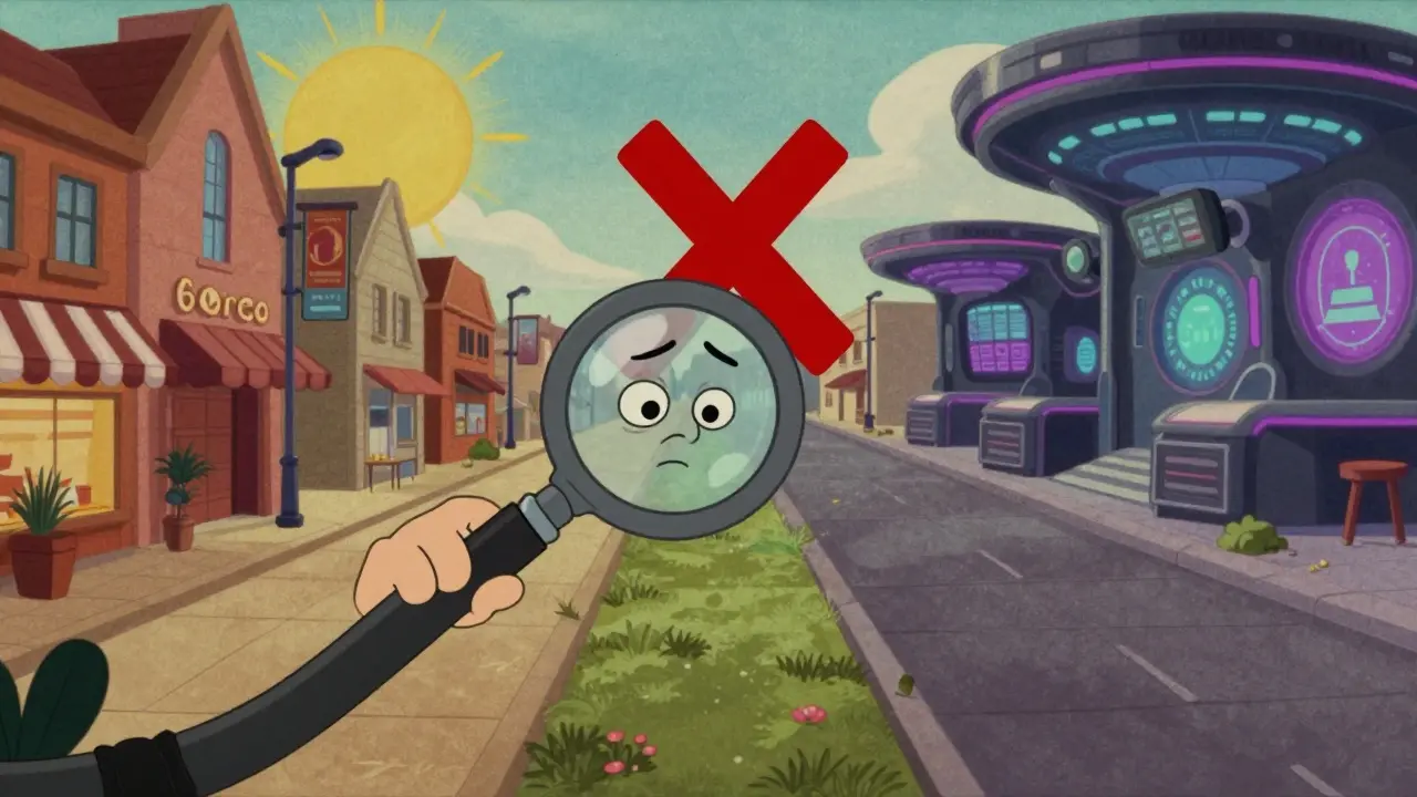 Cartoon character using a magnifying glass to distinguish between two paths