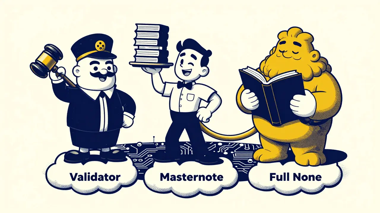Cartoon characters representing validator, masternode, and full node roles
