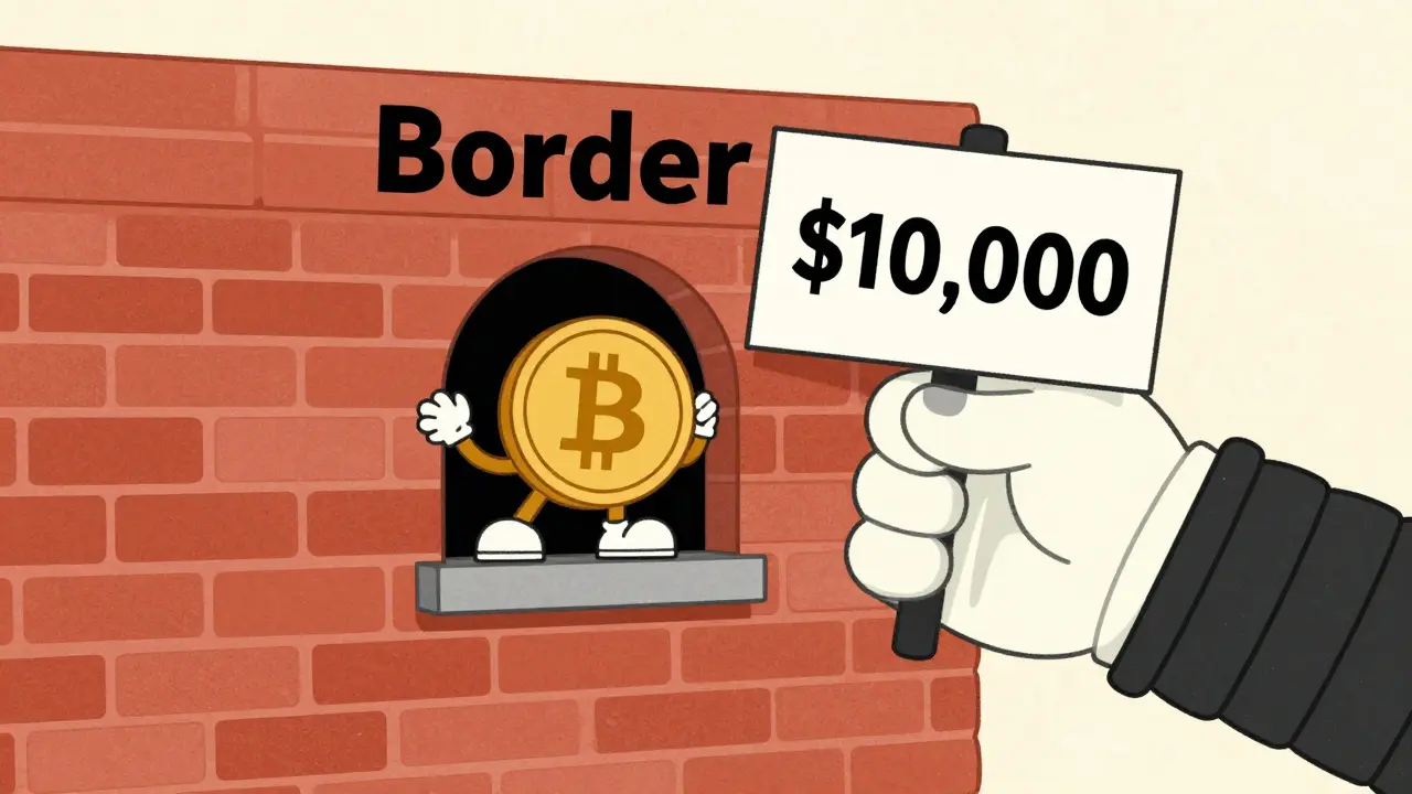 Cartoon crypto coin being stopped by a large hand and a 10,000 dollar limit sign at a border