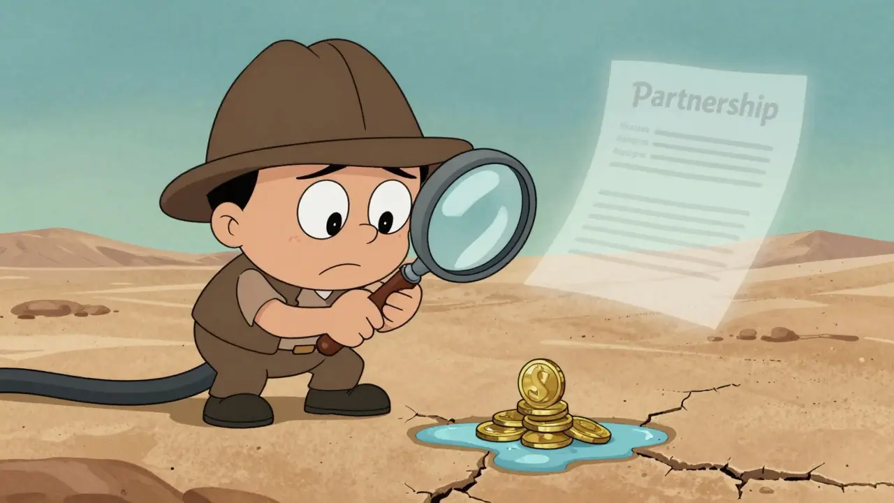 Cartoon detective examining a small puddle of coins on a dry floor in rubber hose style