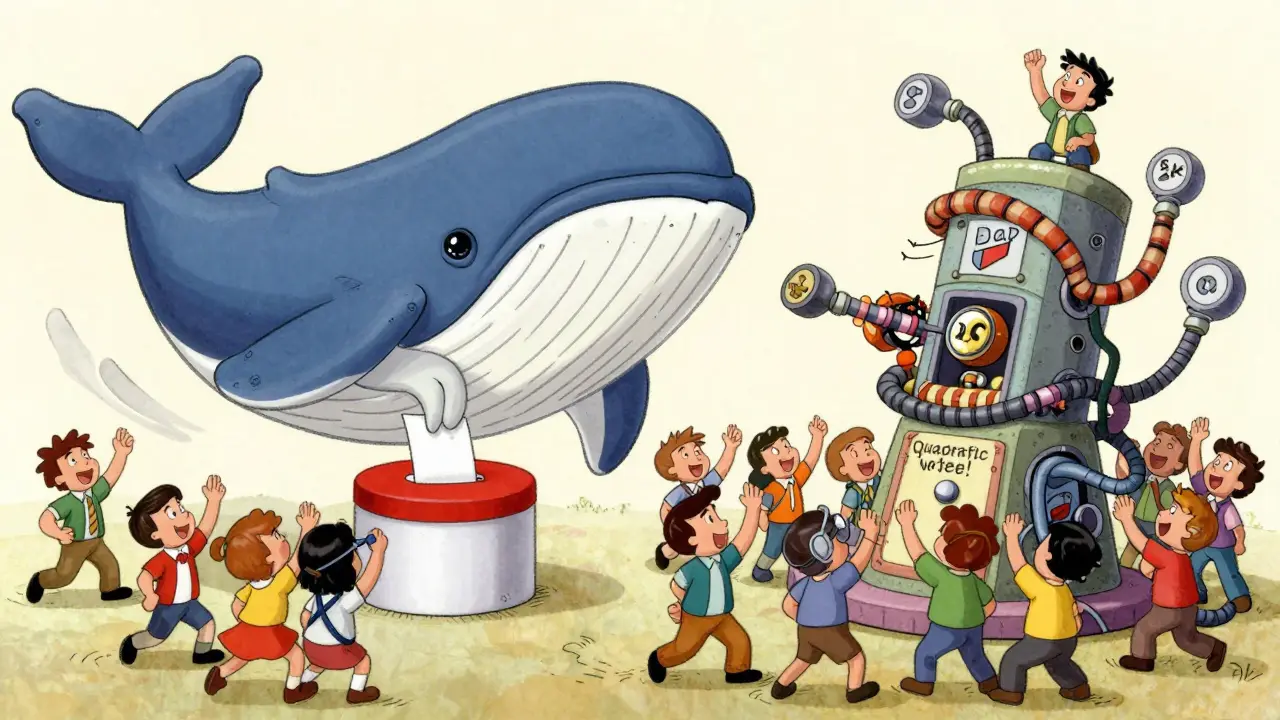 Cartoon whale facing a community using a whimsical machine for quadratic voting.