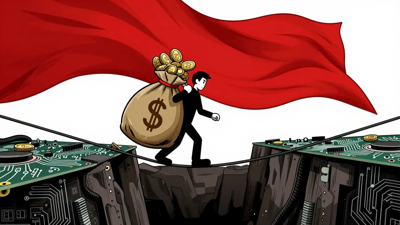 Character balancing a bag of coins on a fragile digital tightrope over an abyss