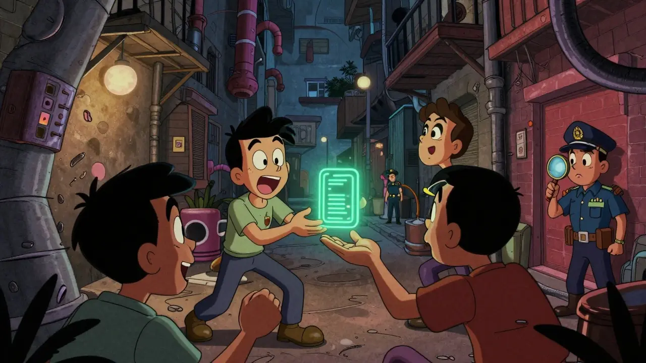 Characters trading digital tokens in a secret underground city in rubber hose animation style.