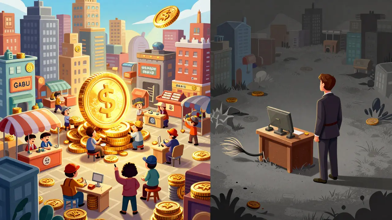 Comparison between a bustling crypto city and a lonely ghost town in rubber hose style