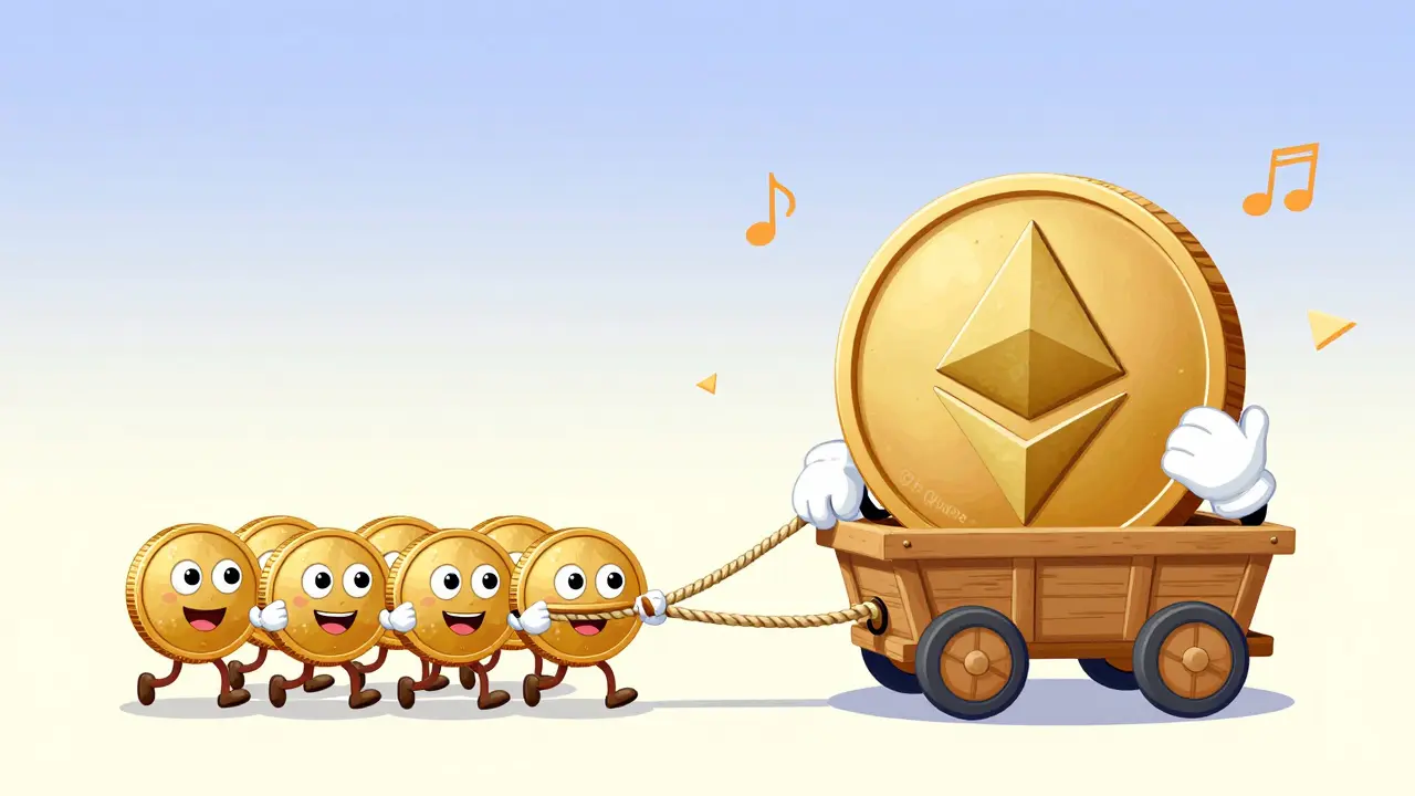 Ethereum coin being pulled in a cart by small Bitcoin coins in a playful 1930s animation style.