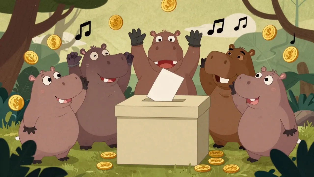 Group of cartoon pygmy hippos voting at a ballot box in a stylized jungle.