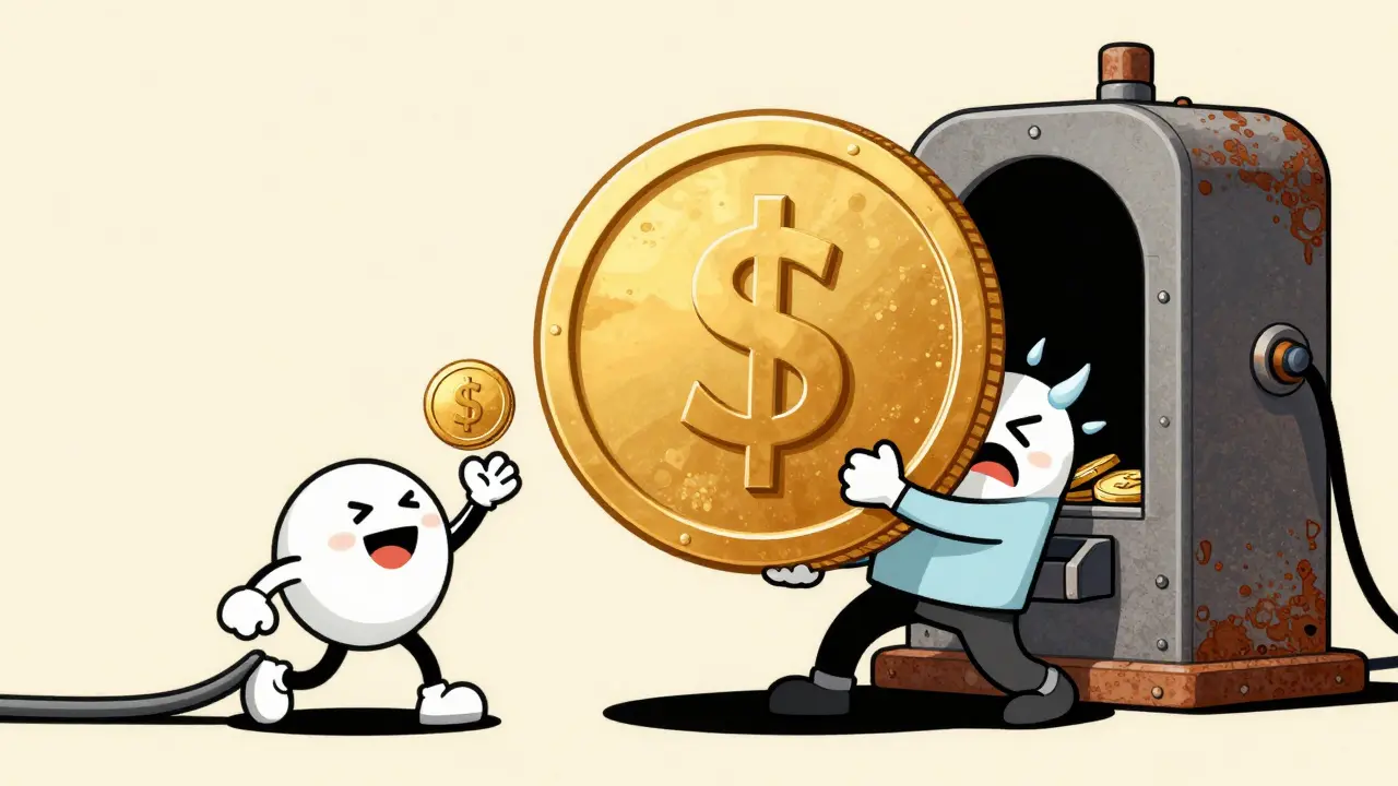 Illustration comparing low Solana fees to high Ethereum fees in vintage animation style.