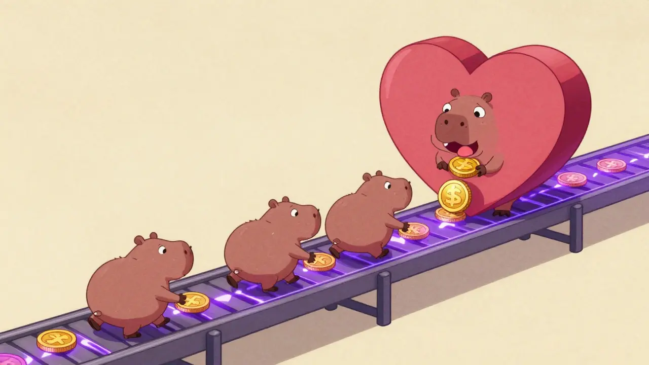 Pygmy hippos moving gold coins on a glowing digital belt in animation style.