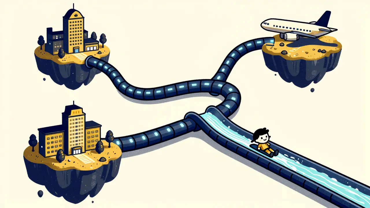 Rubber hose animation of a digital energy pipeline connecting a hotel, mall, and airport