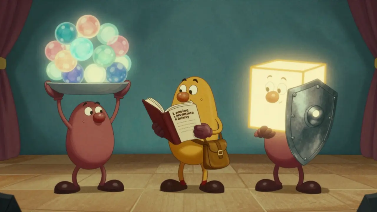Three animated characters holding scales, ledgers, and shields representing DeFi functions