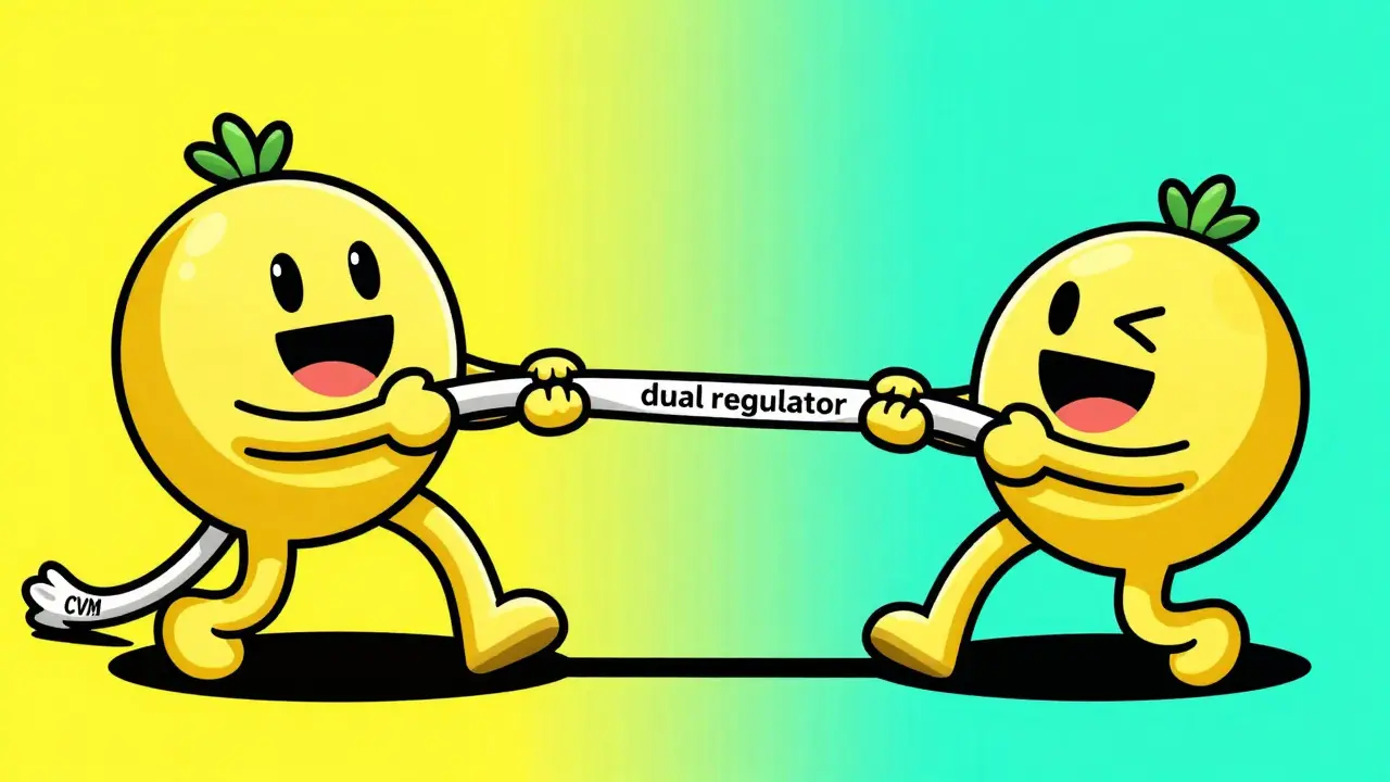 Two cartoon characters in a tug-of-war over a digital ribbon with cryptocurrency symbols