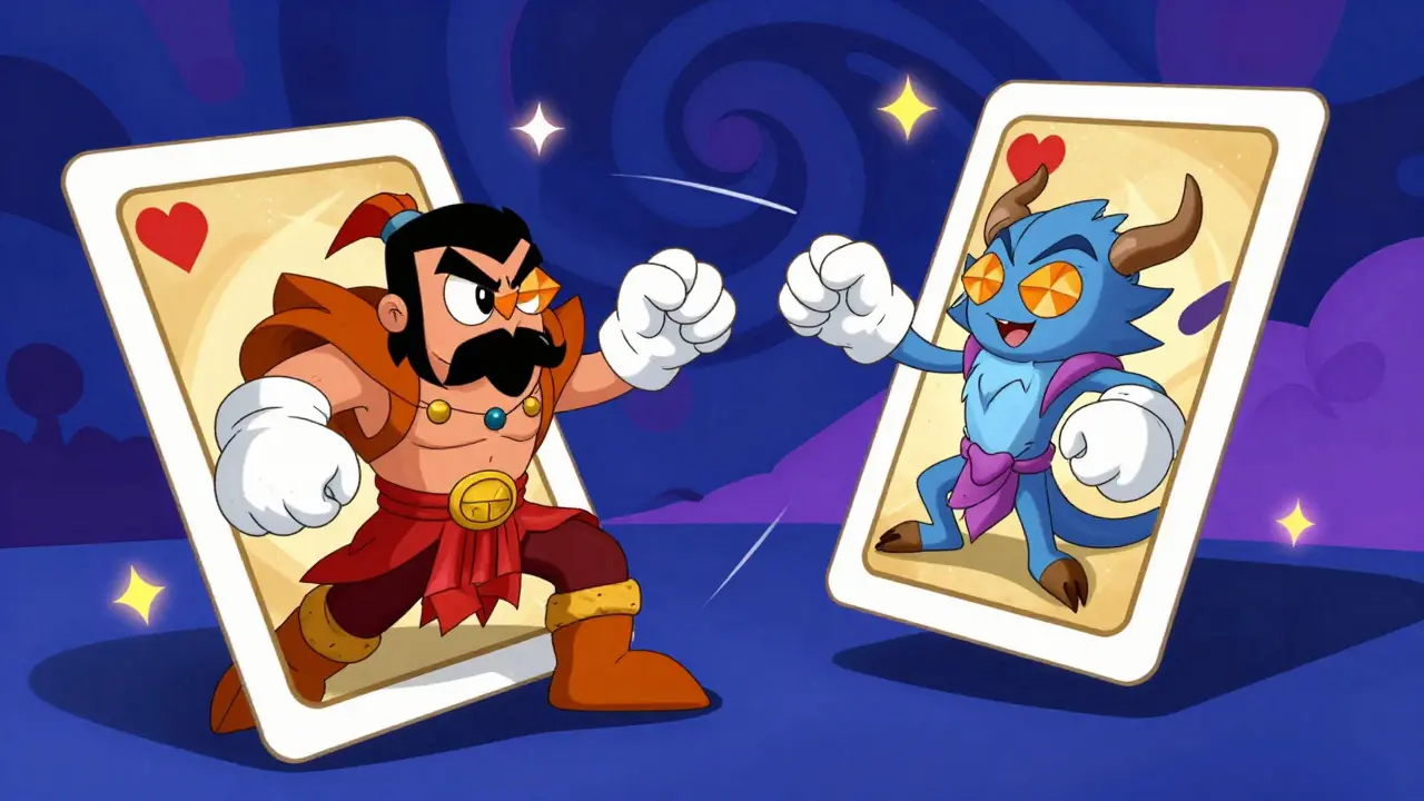 Two rubber hose style characters battling from giant trading cards