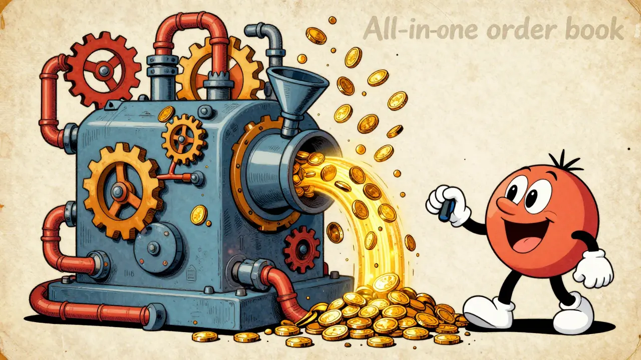 Whimsical vintage machine aggregating floating digital coins into a stream