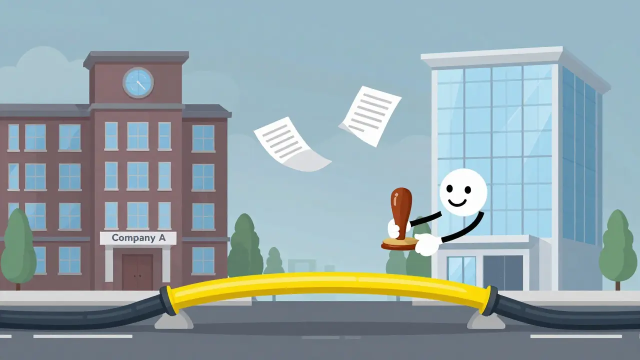 Animated bridge character connecting two company buildings to symbolize secure data exchange.
