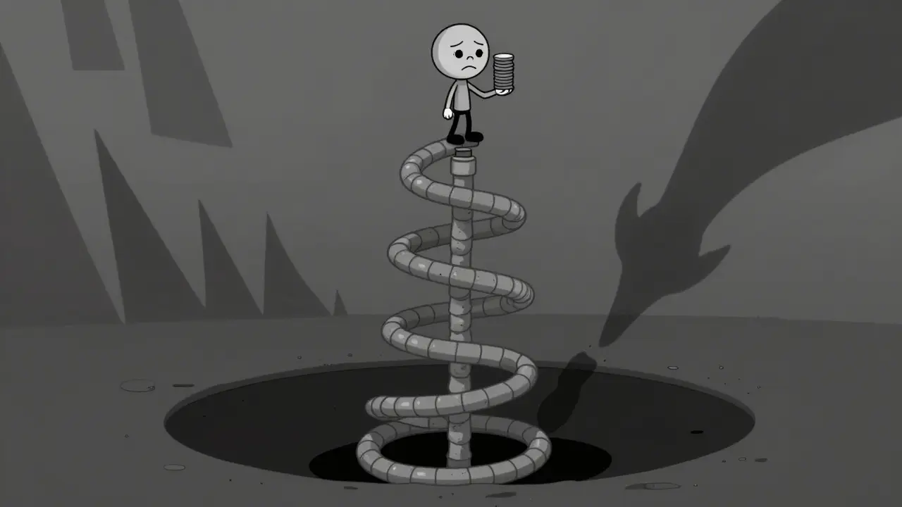 Animated character standing at edge of a dark spiral pit