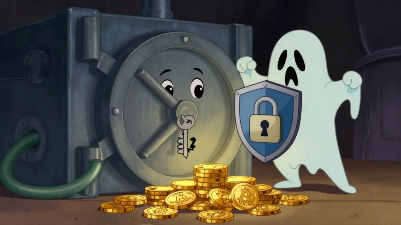 Animated vault protecting crypto from a sneaky hacker