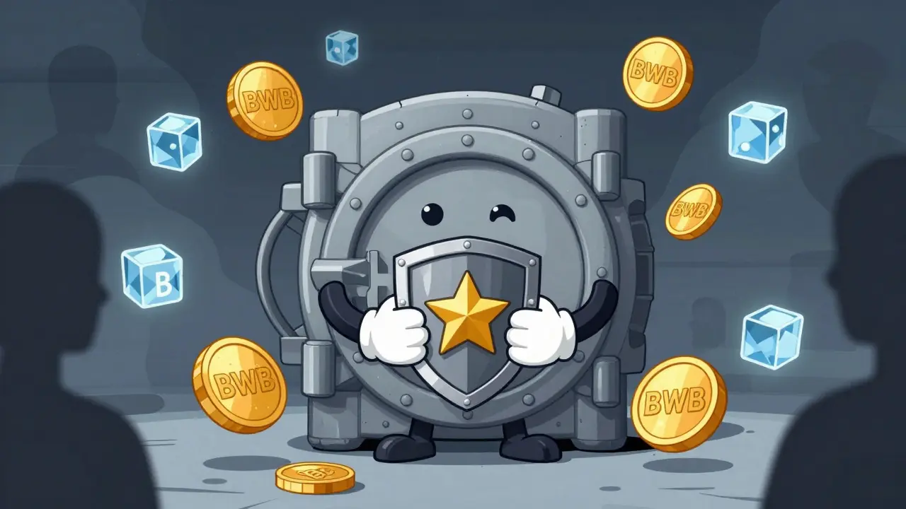 Anthropomorphic vault protecting golden tokens, illustrating security