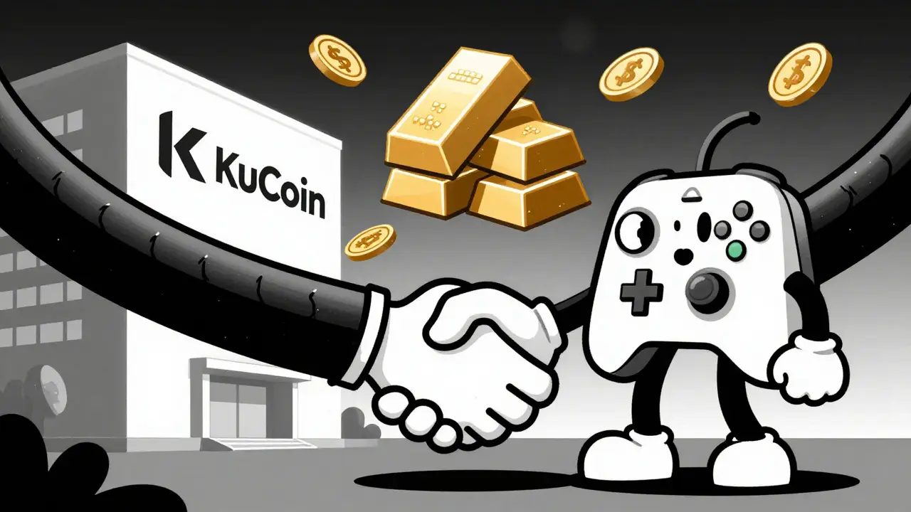 Cartoon characters shaking hands over piles of gold coins