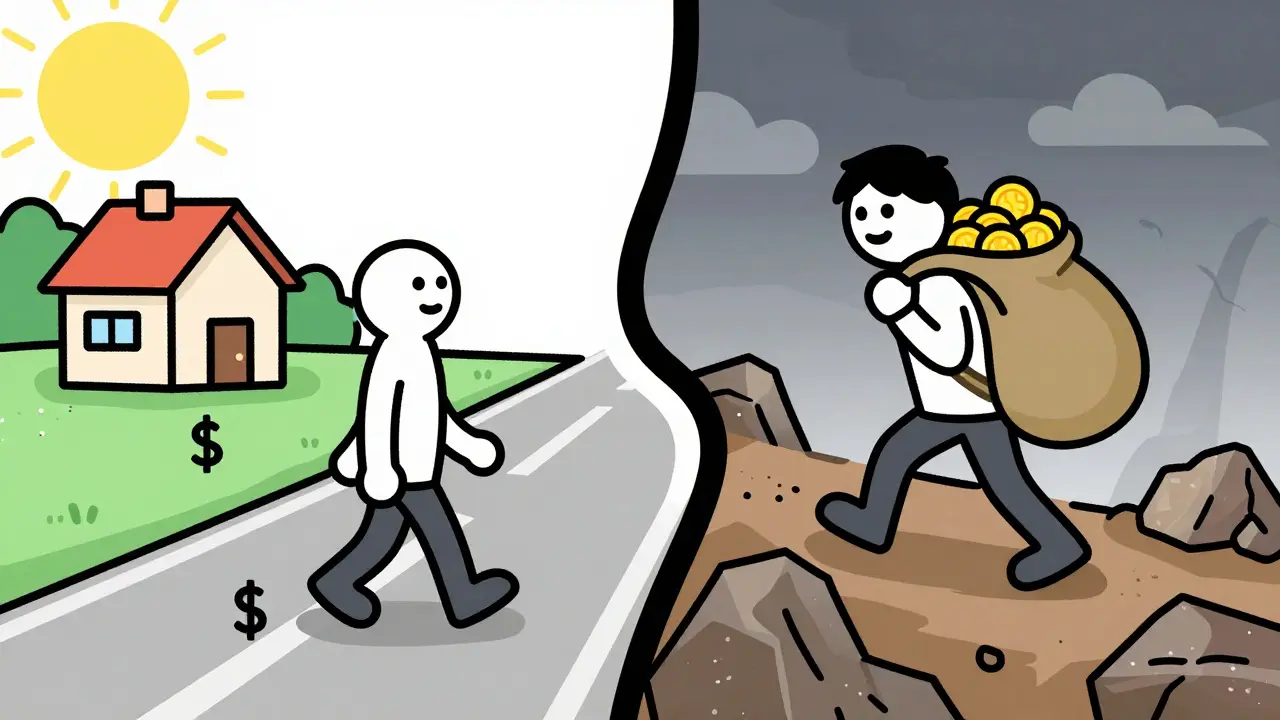 Cartoon comparison of smooth fiat payment path versus risky self-custody mountain climb.