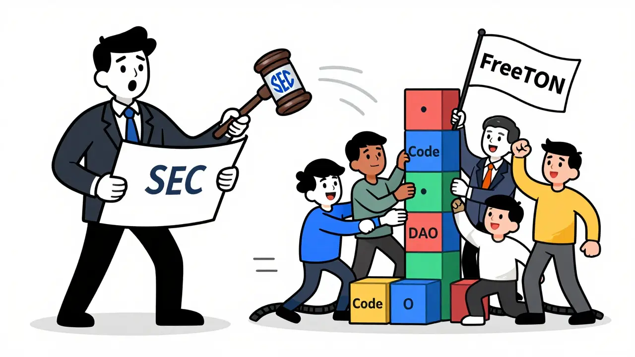 Cartoon figures showing Telegram leaving a project while a community builds the FreeTON network.