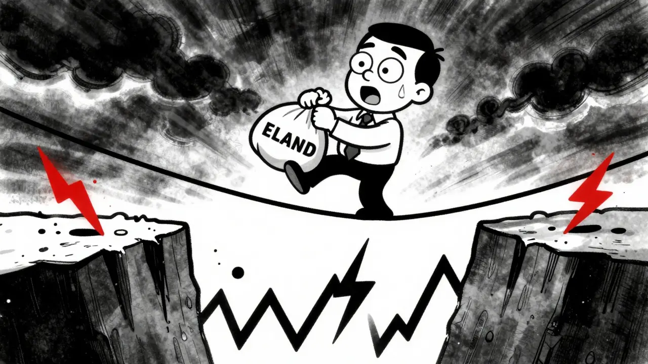 Cartoon investor balancing on a tightrope amidst volatile price spikes