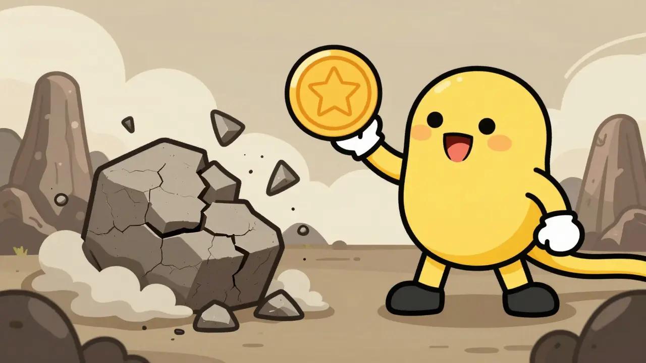 Cartoon investor choosing gold coin over crumbling rock