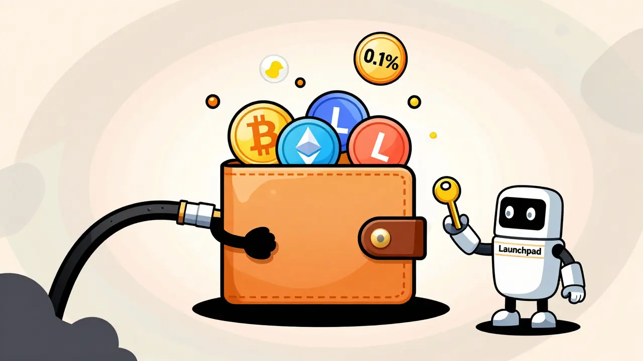Cartoon wallet holding crypto tokens with floating fee bubbles in rubber hose style