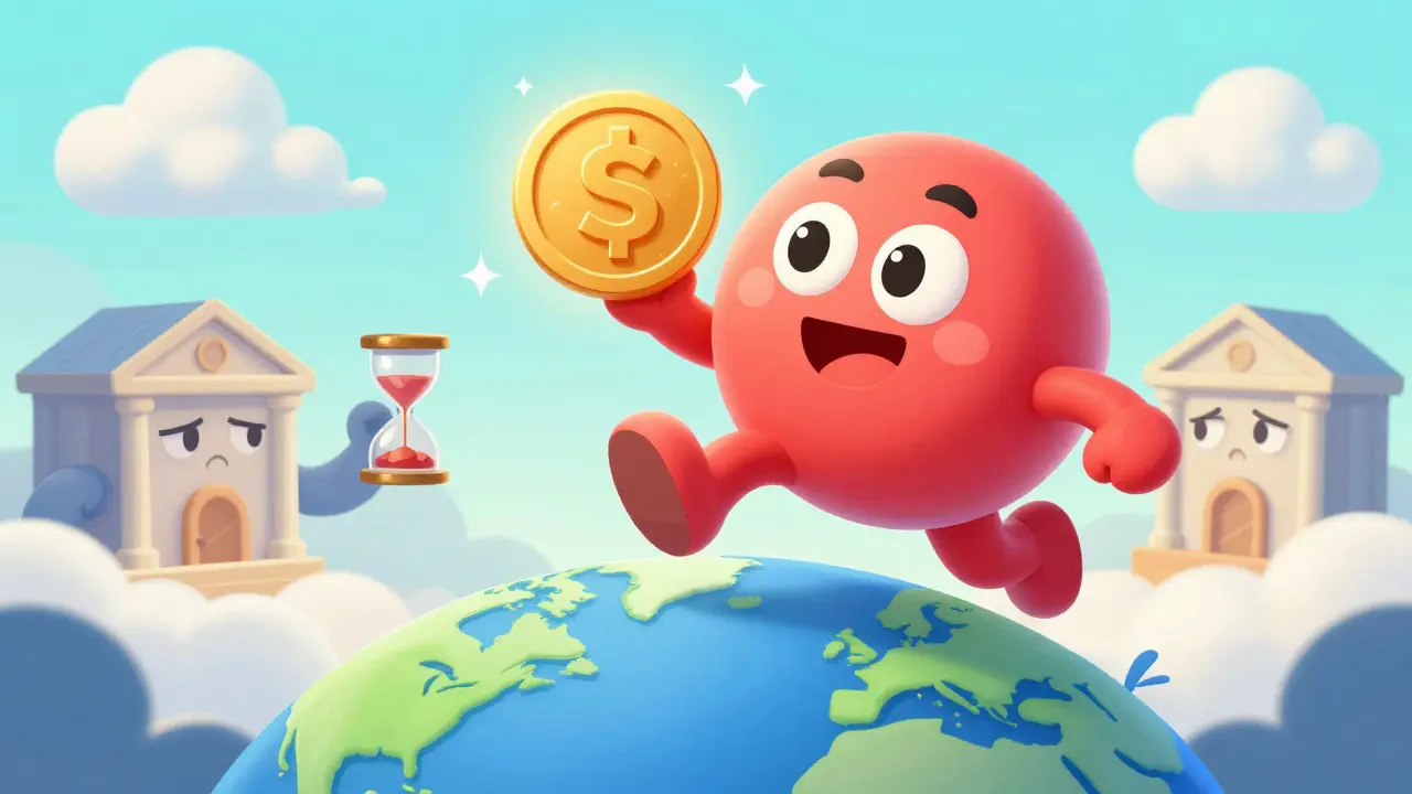 Cheerful character flying with a digital coin over a globe