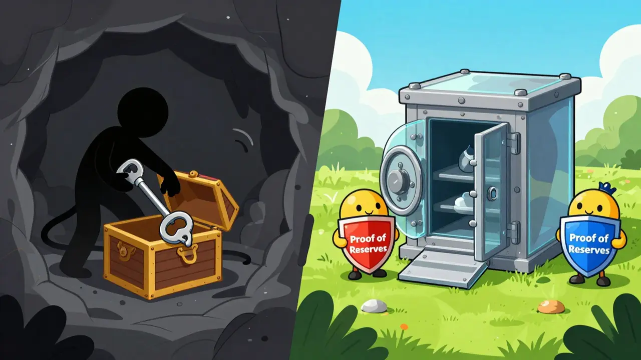 Contrast between a locked treasure chest in a dark cave and a safe, transparent vault