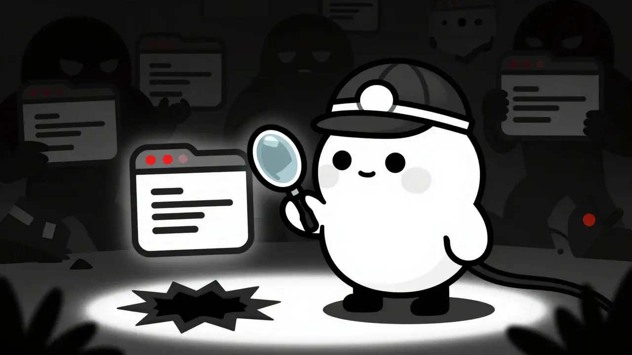 Detective cartoon character checking for scams with a magnifying glass