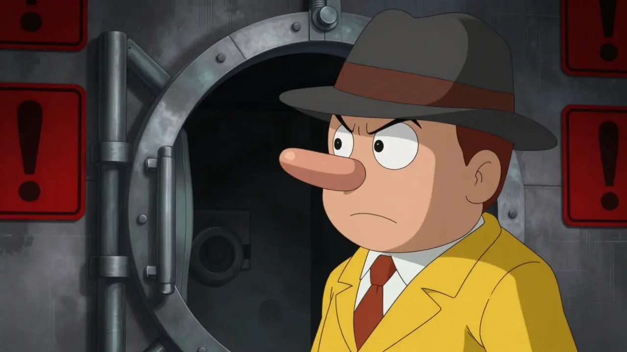 Detective character looking skeptically at an empty, shadowy vault