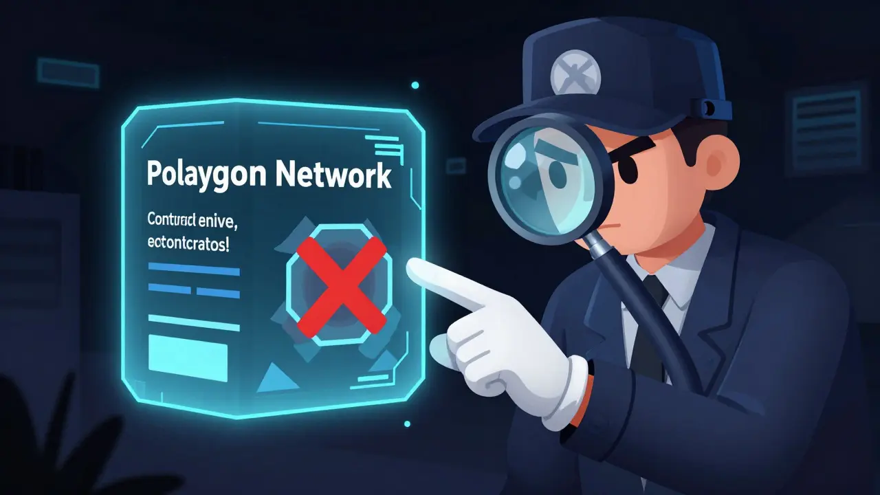 Detective verifying blockchain details with a magnifying glass to spot scams