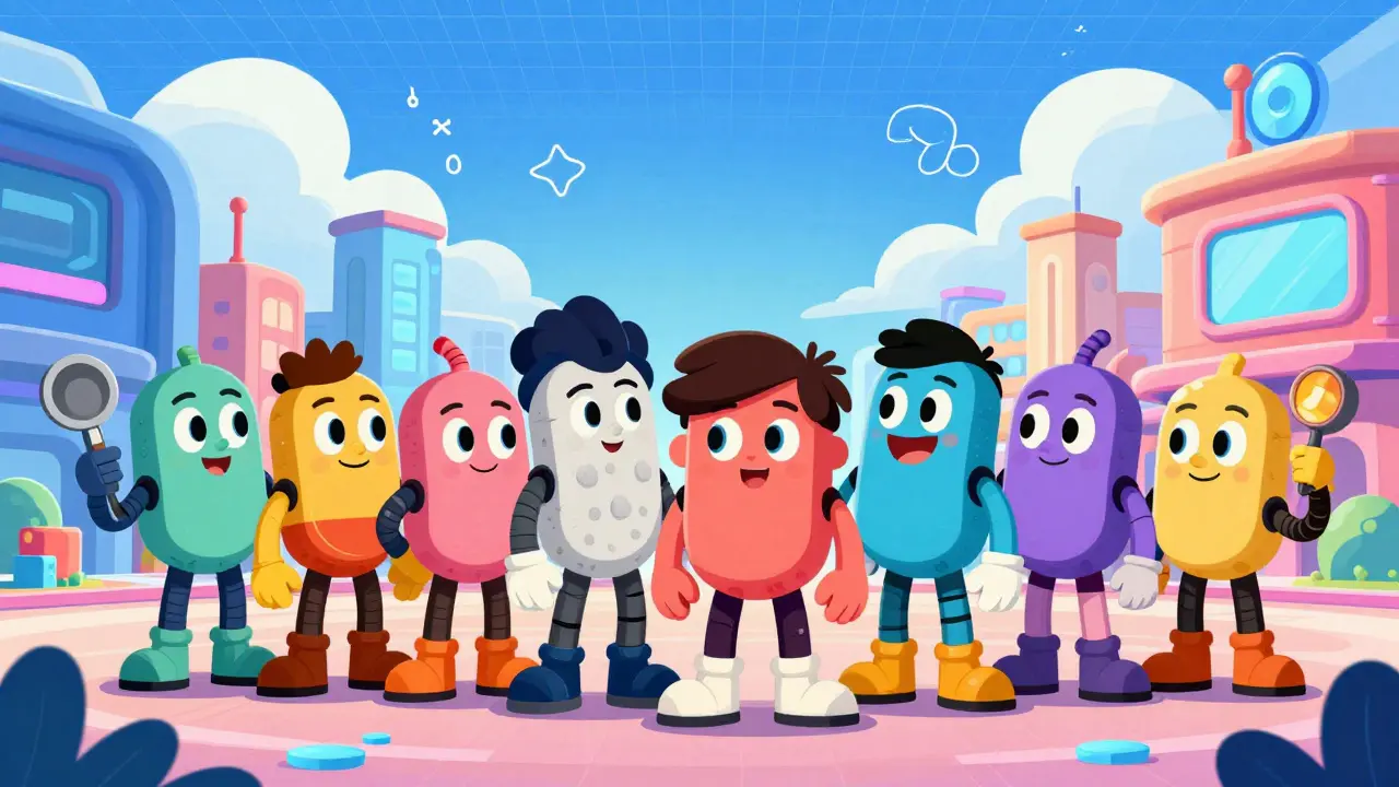 Group of retro-style cartoon avatars gathering in a vibrant virtual town square.