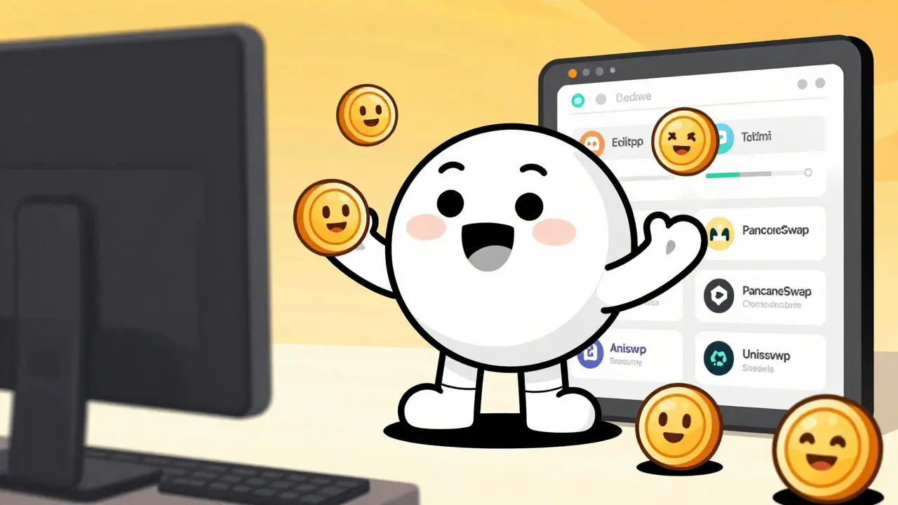 Happy cartoon character trading safely with friendly token mascots in bright light.