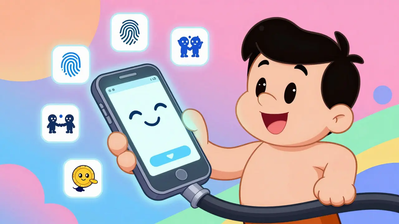 Happy cartoon character using a friendly smartphone with biometric and social recovery icons.