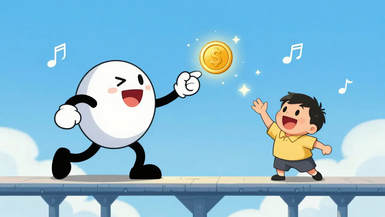 Happy character sending instant digital money via a bright, simple bridge.