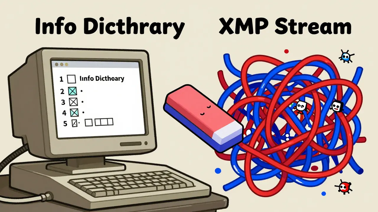 Illustration comparing Info Dictionary and XMP metadata layers in cartoons