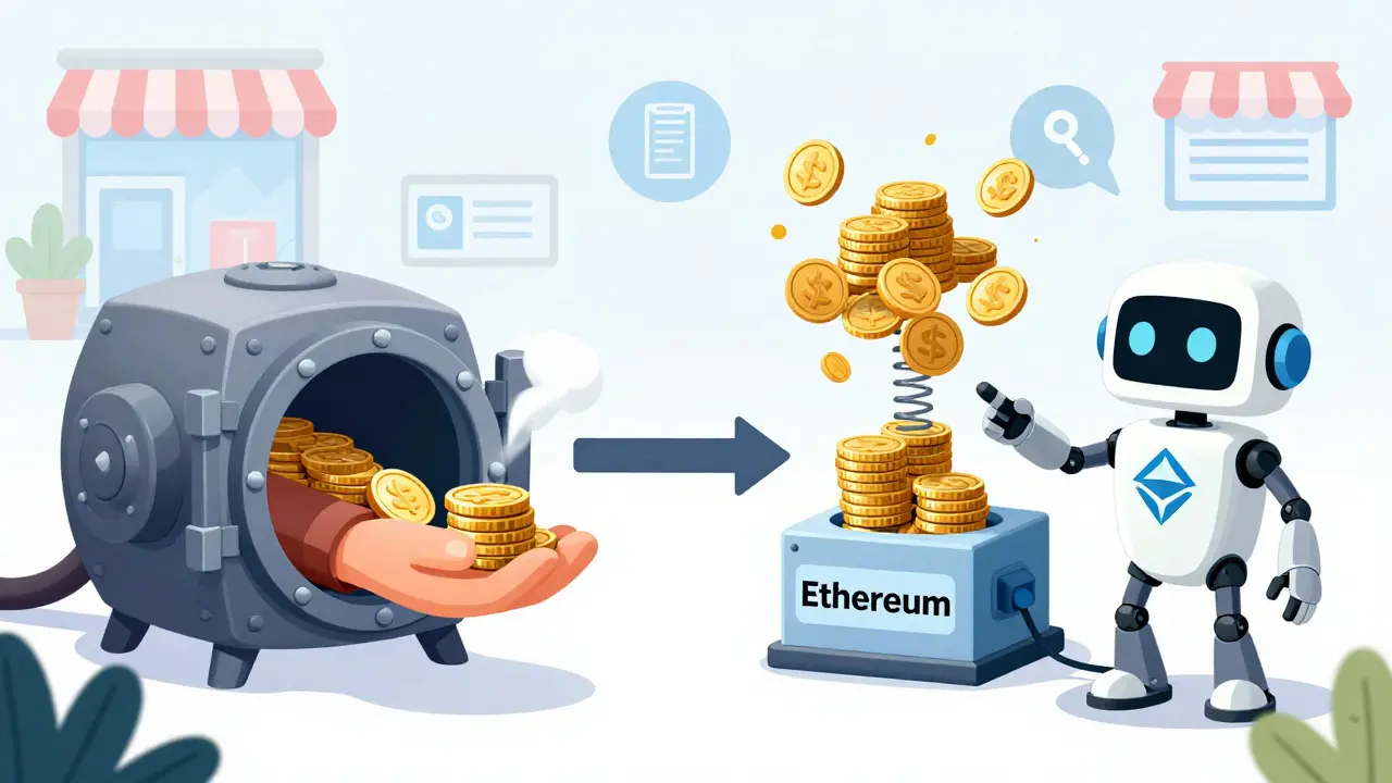 Illustration of coins being locked in a vault on one chain and minted as wrapped tokens on another.
