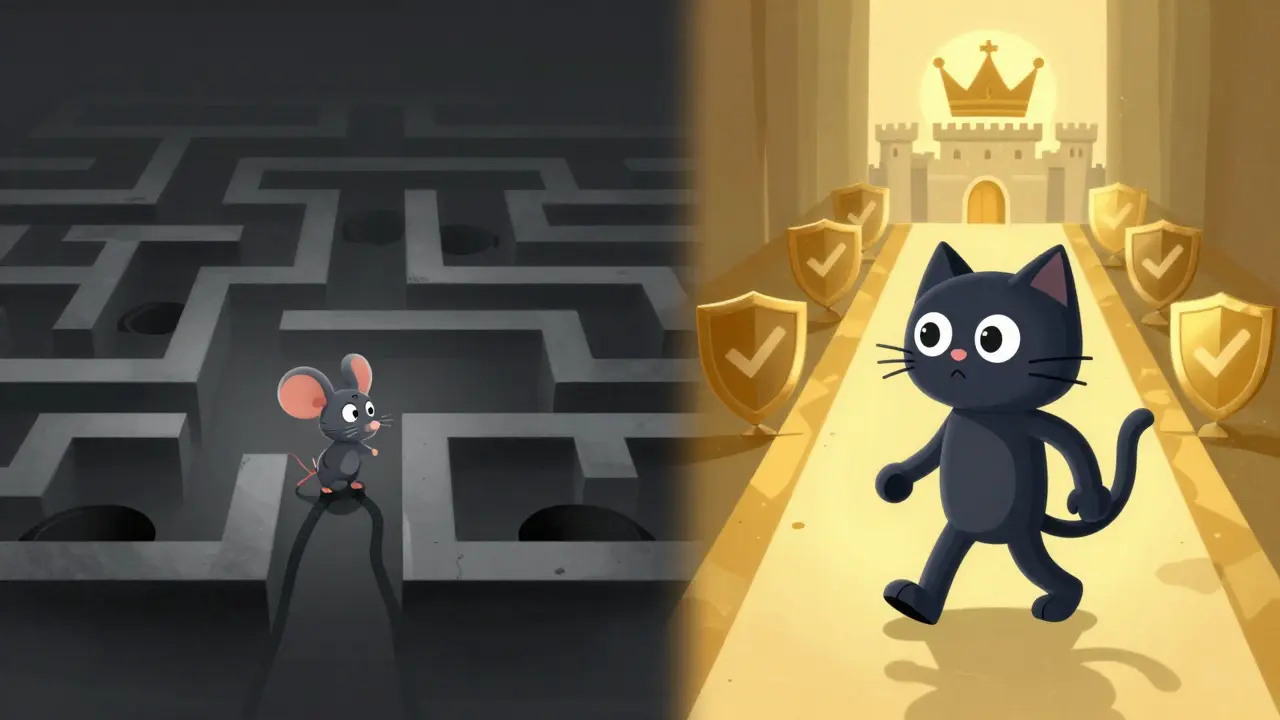 Mouse in dark maze vs cat on safe golden path in cartoon style