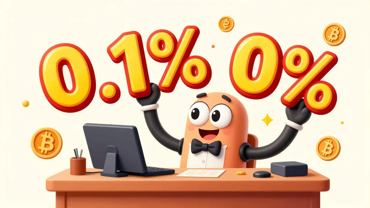Playful cartoon trader with floating fee percentages and bouncing coins