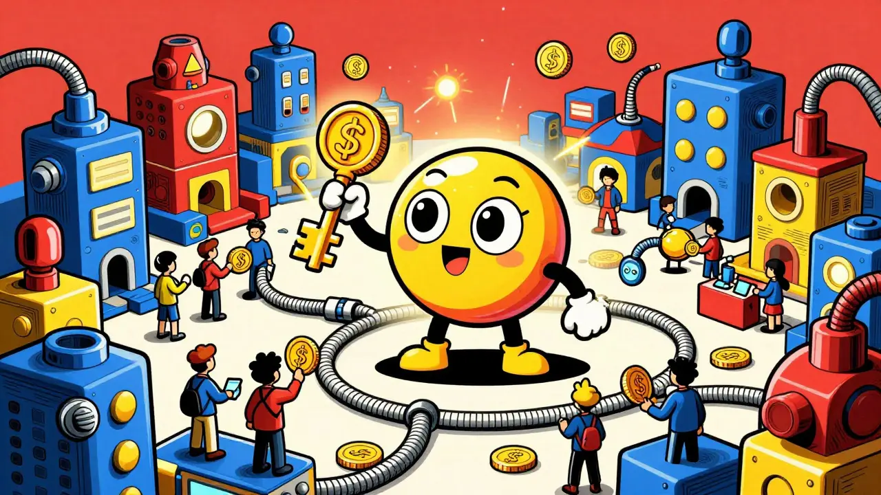 Playful rubber hose animation of a crypto token facilitating property trades