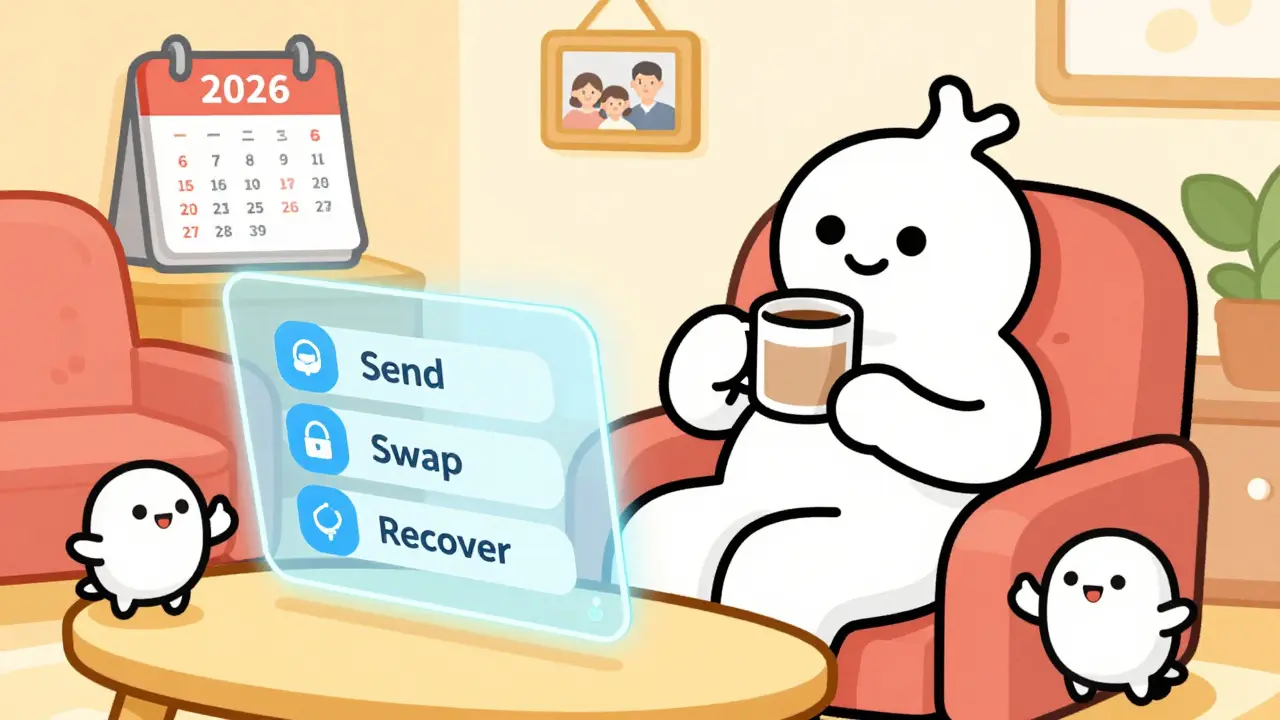 Relaxed cartoon character in 2026 enjoying easy crypto transactions via a holographic interface.