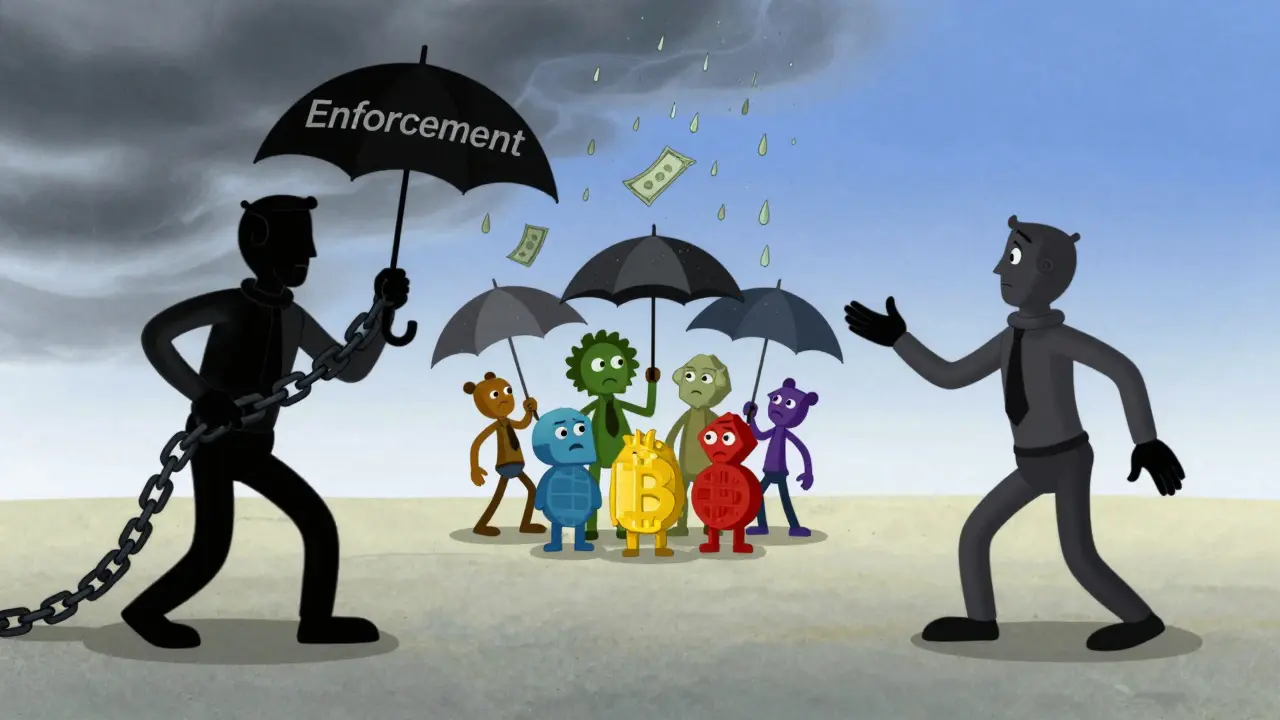 Rubber hose animation figures navigating changing crypto regulation skies.