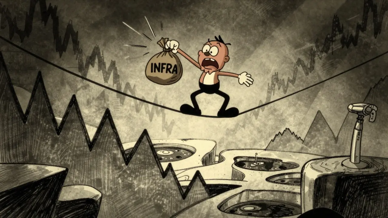 Rubber hose character balancing on tightrope over volatile crypto market risks.