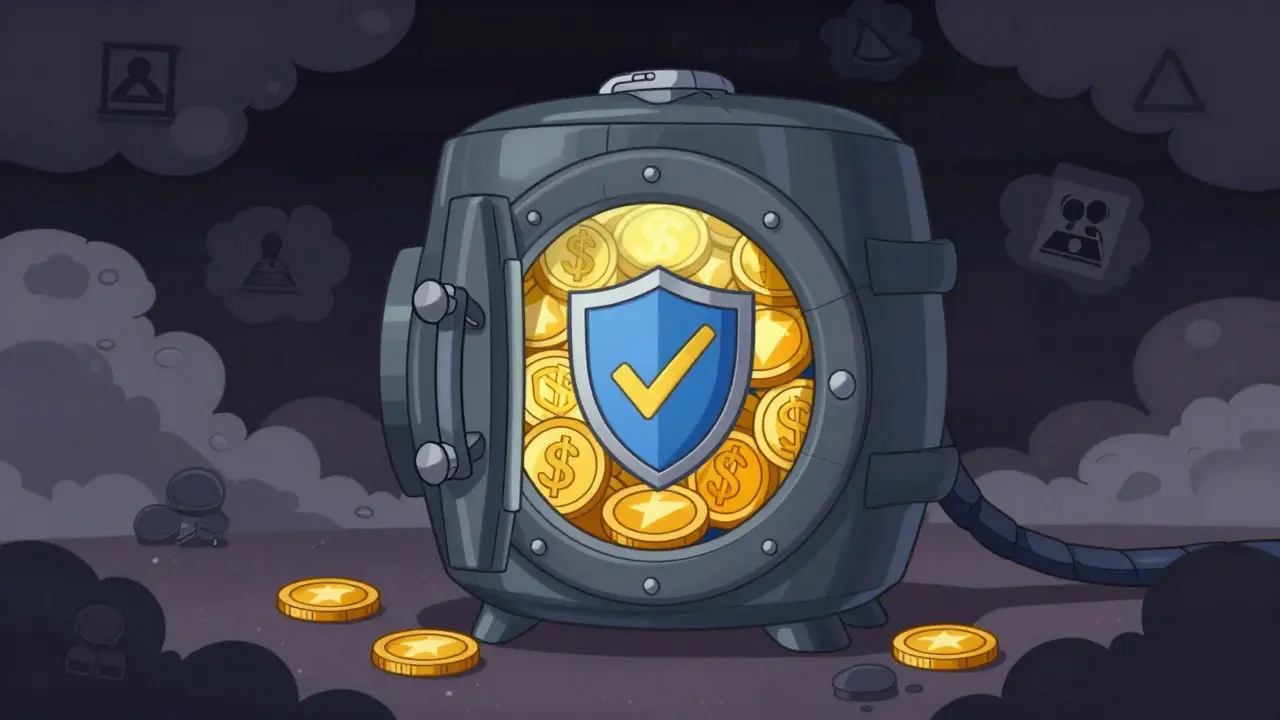 Rubber hose style illustration of a secure vault protecting assets from chaotic scam clouds, representing safe crypto storage.