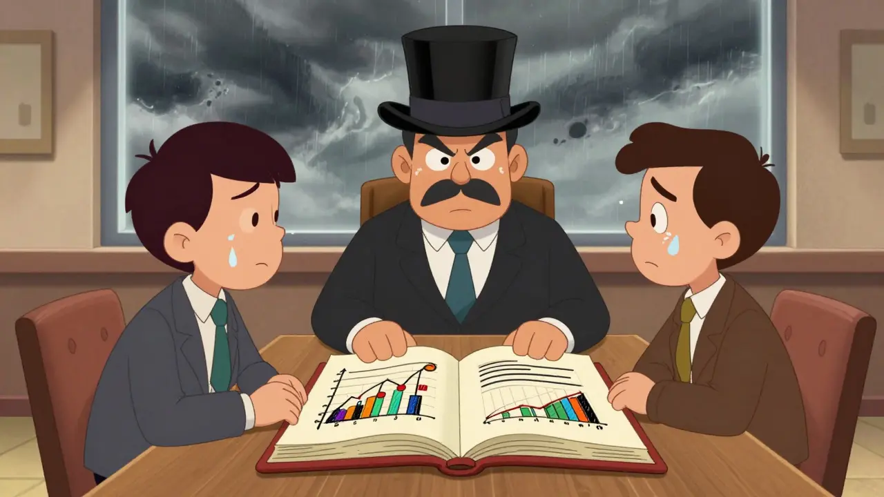 Rubber hose style lawyer calming nervous investor over tax ledger